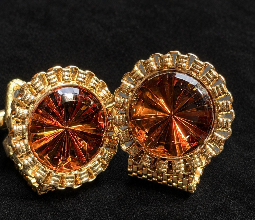 Gold-Tone Amber Brown Faceted Clip-On Earrings Round Statement Pair